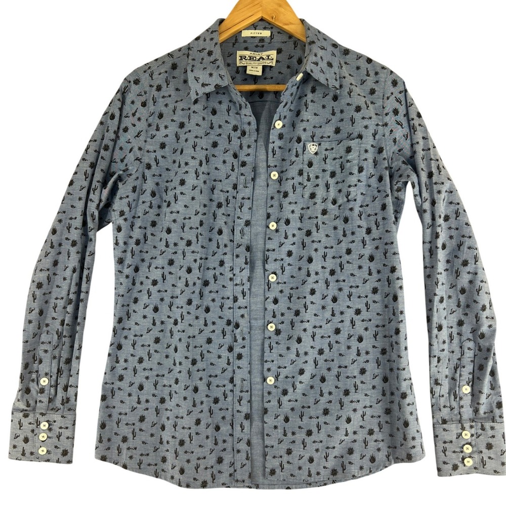 Ariat Real Womens Fitted Blue Cactus Print Western Button Down Shirt Medium